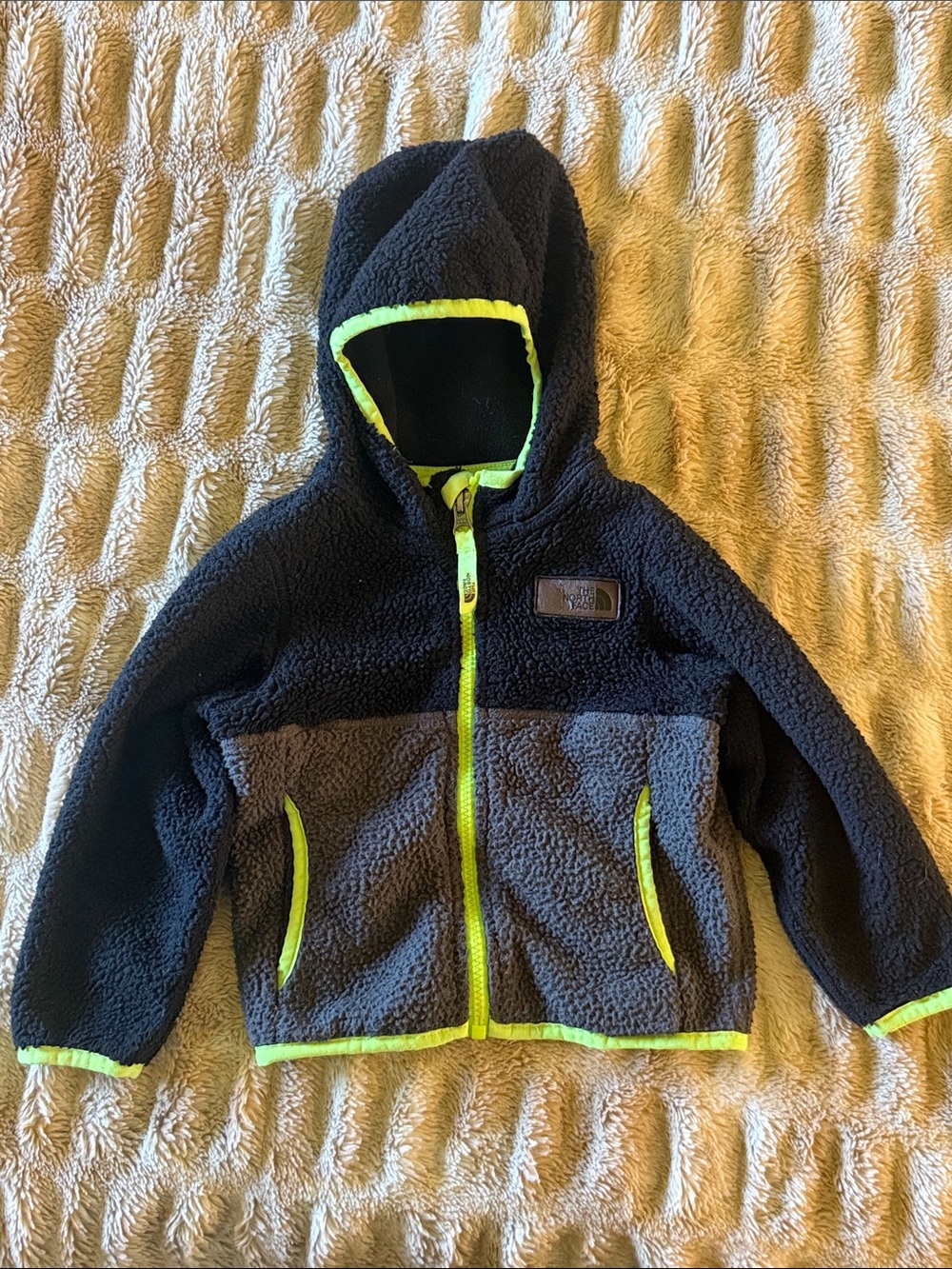 The North Face Kids Black & Gray Sherpa Hoodie with Neon Lime Trim